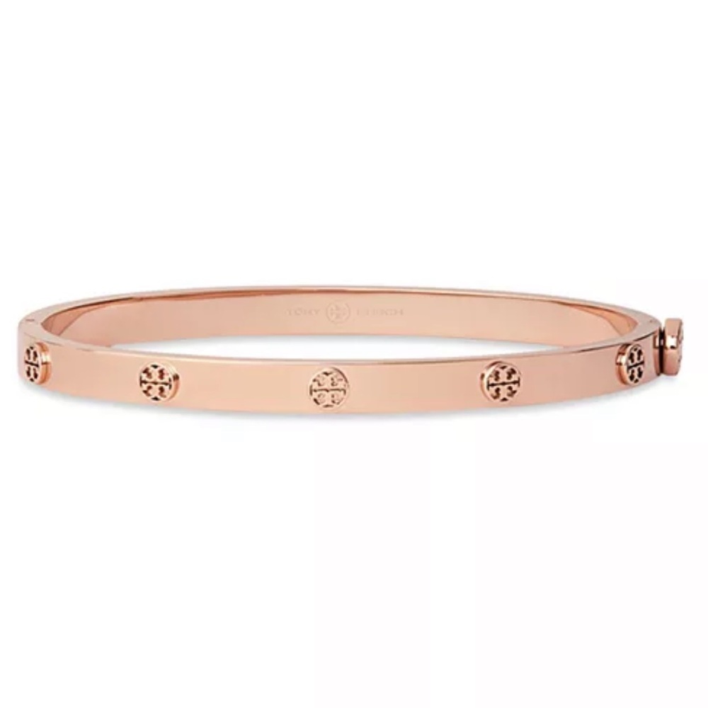 Tory Burch Thin Icon Hinge Bracelet Logo Bangle Size Medium Rose Gold - Picture 2 of 2